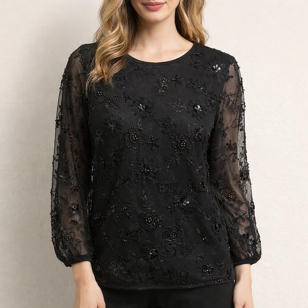 Adrianna Papell Black Beaded Mesh Blouse – Size M